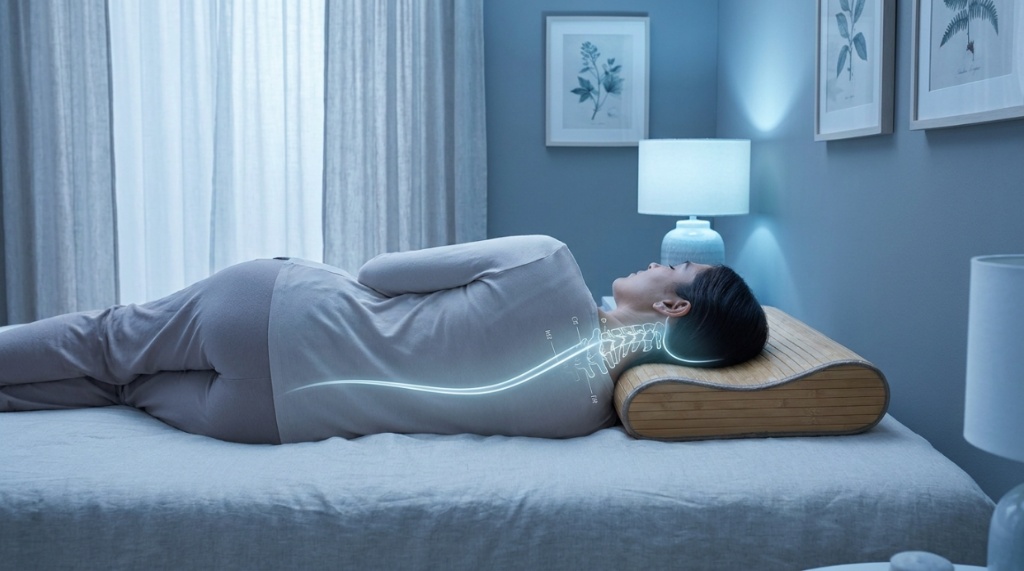 White bamboo pillow on a bed with natural light.