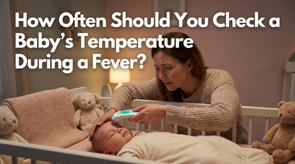 Mother checking sleeping baby temperature with forehead thermometer.