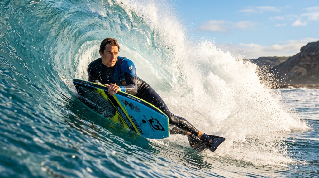 A surfer riding a breaking ocean wave on a blue training bodyboard.