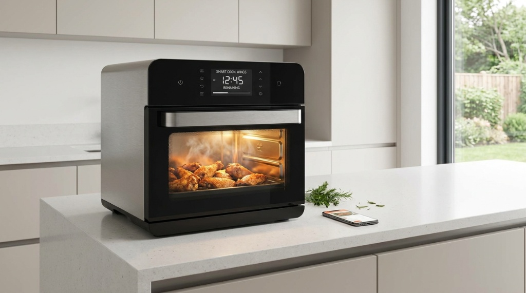 Sleek smart air fryer oven baking crispy golden chicken wings on a modern kitchen counter.