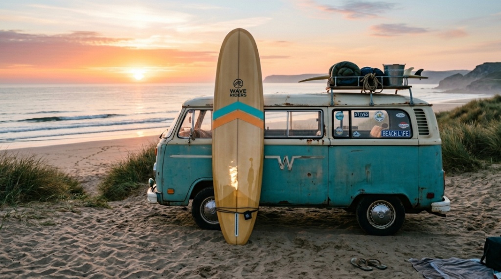 A long blue foam surfboard leaning against a car at the beach.