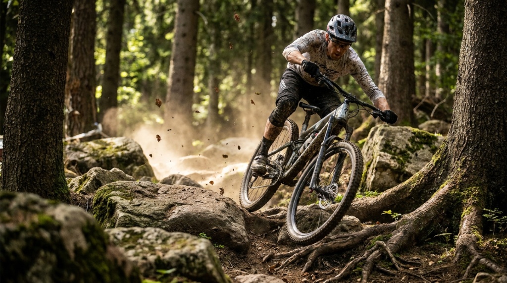 A modern mountain bike parked on a dirt trail showing off the front wheel.