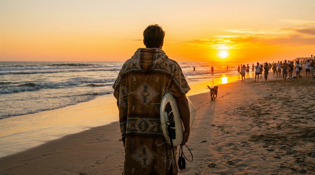 A surfer wearing a hooded towel poncho walks on the beach at sunset.