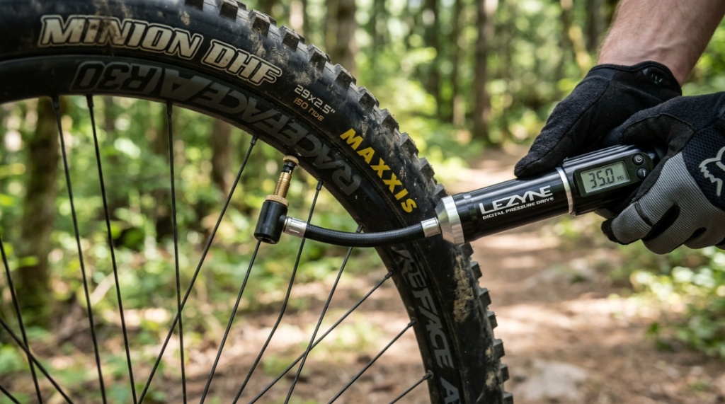 A portable bike tire inflator attached to a bicycle wheel valve outdoors.