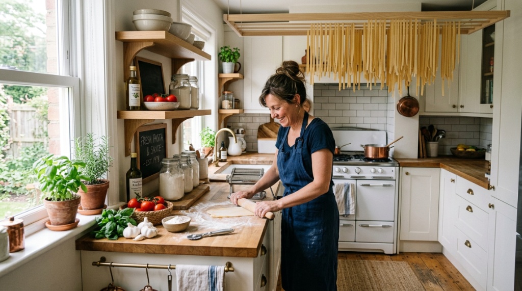 Homemade pasta strands hanging on a compact wooden rack in a small kitchen.