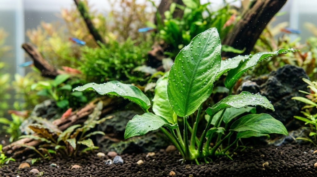 Lush green aquatic plants thrive inside a beautifully lit freshwater home aquarium.
