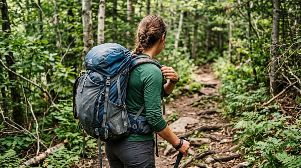Hiker holding anti-chafe balm stick on scenic mountain trail.