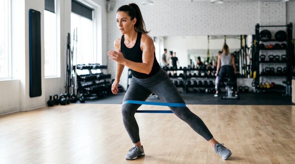 A determined athlete performing a standing resistance band row in a bright modern gym