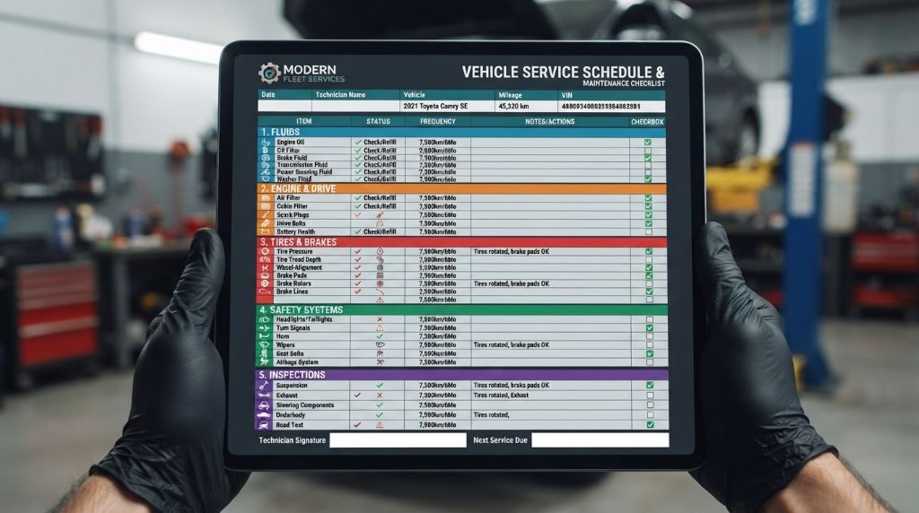 Vehicle service schedule and maintenance checklist