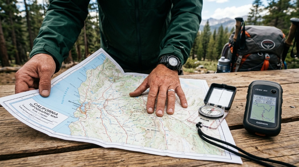 Hiker studying a topographic map and compass on a wooden table